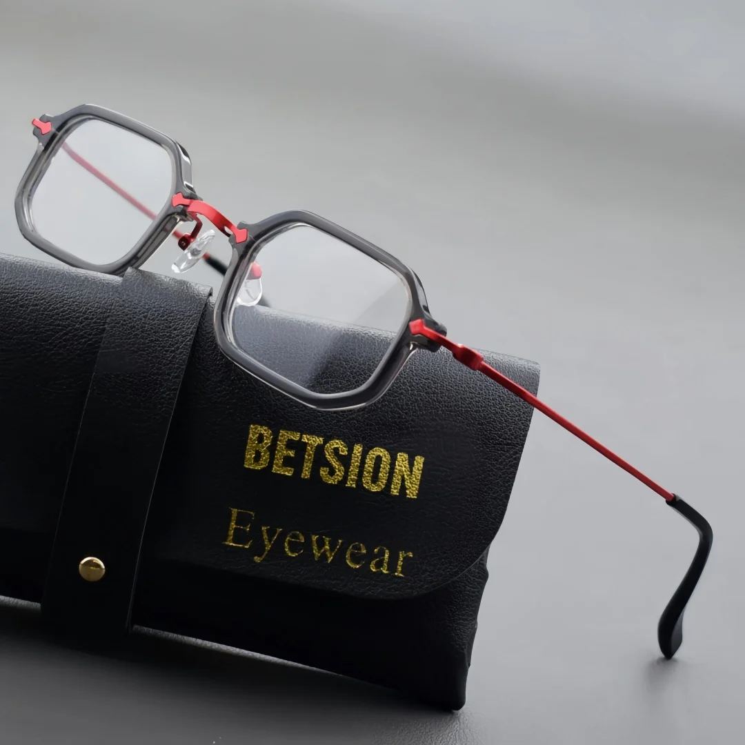 

BETSION Vintage Rectangle Acetate Eyeglasses Frames Trendy Ultra Light Square Metal Temple Spectacles Men Women #76846