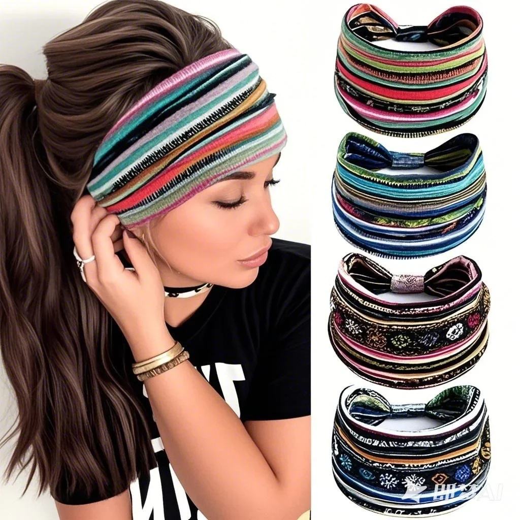 

European American Women'S Bohemian Style Elastic Headscarf Fashionable Breathable Cotton Wide Brimmed Hair Accessories