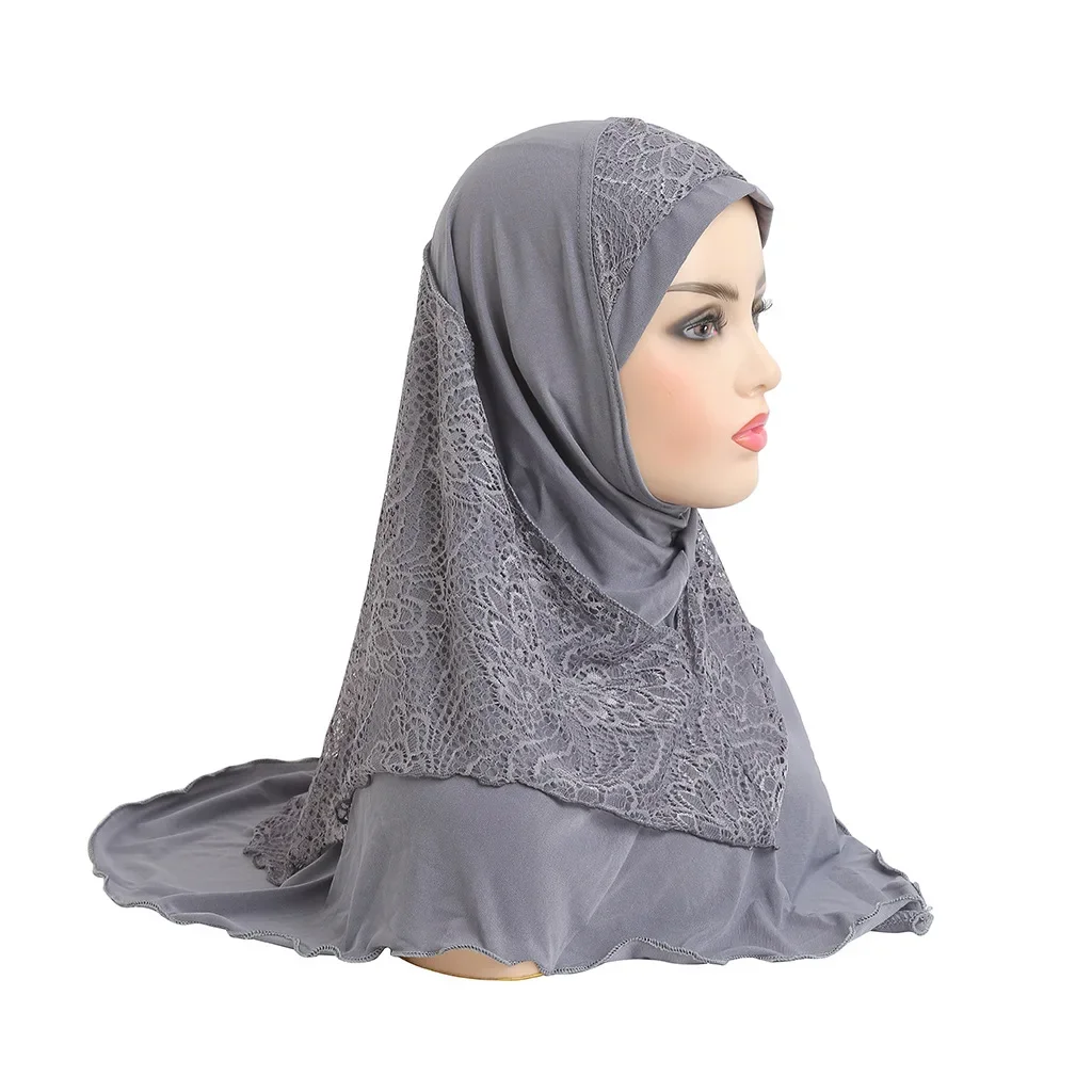 H126 High Quality Medium Size 70*60cm Muslim Amira Hijab with Lace Pull on Islamic Scarf Head Wrap Pray Scarves Women\'s Headwear