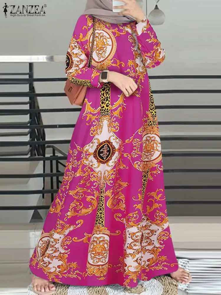 ZANZEA-Vestido largo musulmán de manga larga para mujer, vestido de verano con estampado turco, Abaya, holgado, elegante, 2024