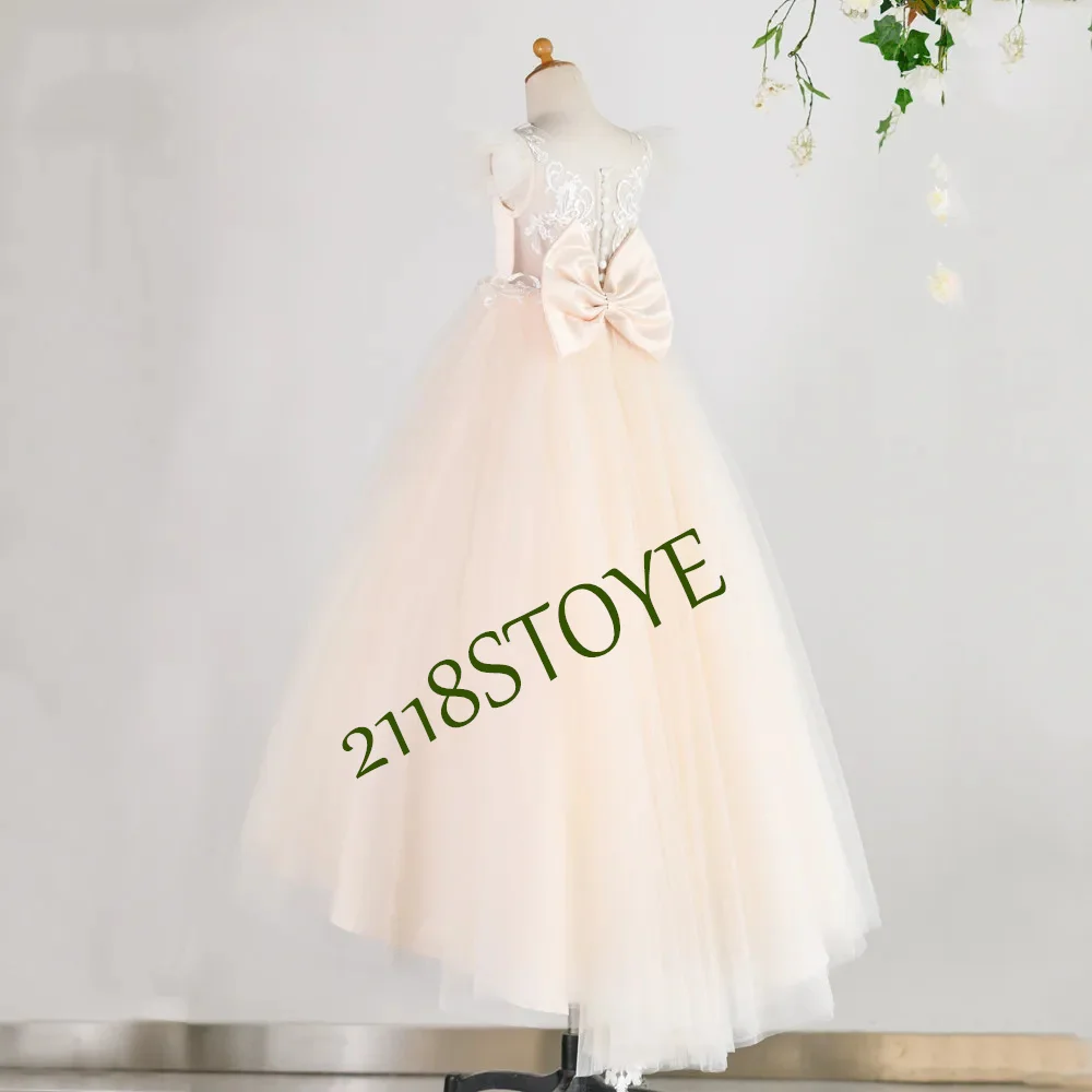 Boho Tulle Lace Kids Flower Girl Dresses Flower Emboridery First Communion Dress Satin Bow Sashes Cap Sleeves