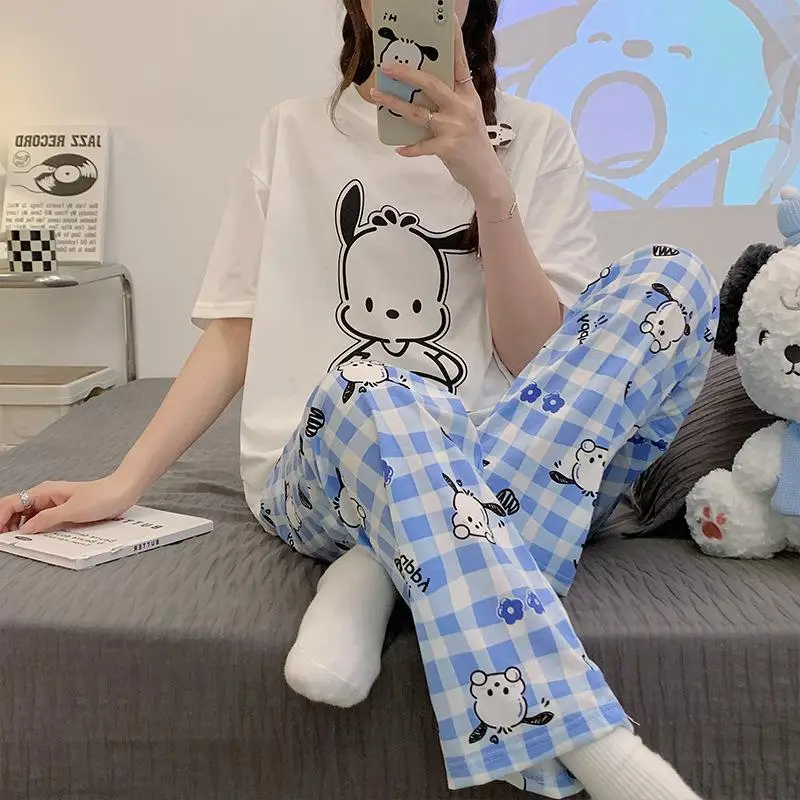 Pajama Set Hello Kitty Kuromi Melody Sanrio Spring and Autumn Women's Loose Round Neck Cute Home Clothes Simple Casual Two-piece