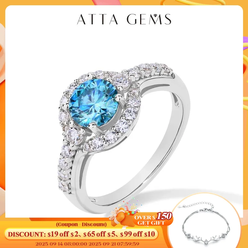 

ATTAGEMS 1.0CT Round Cut Blue Moissanite Rings for Women Angel Eye S925 Silver 18K Gold Plated Engagement Wedding Party Gift New