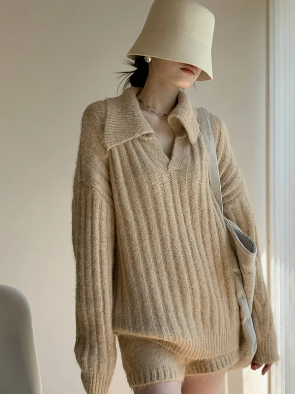 

Fashionable Casual Knitted Sweater And Short Pants Two-Piece Set Breathable Medium Thickness Non-Furlined High Waist Pants