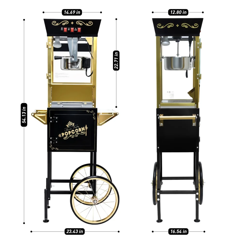 عربة آلة الفشار سعة 12 أونصة بتصميم بعجلات، غلاية من الفولاذ المقاوم للصدأ بتصميم عتيق، مظهر مسرح الأفلام للحفلات، أسود متحرك