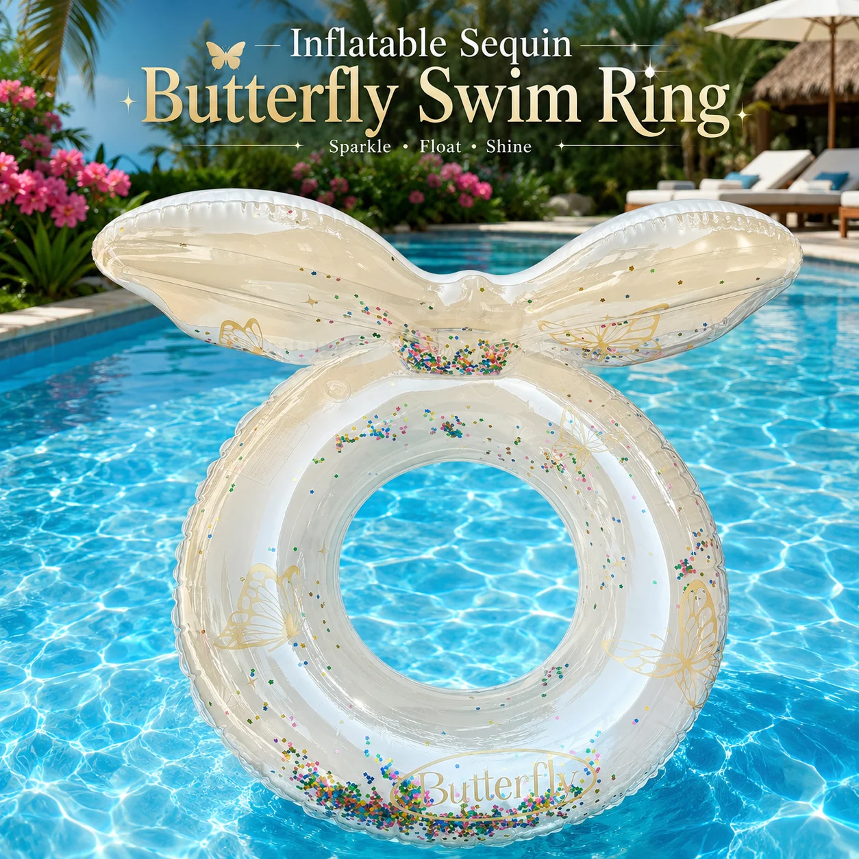1pc Inflatable Sequin Butterfly Swim Ring Pool Float with Backrest Transparent PVC Swimming Tube for Pool Beach Summer Party