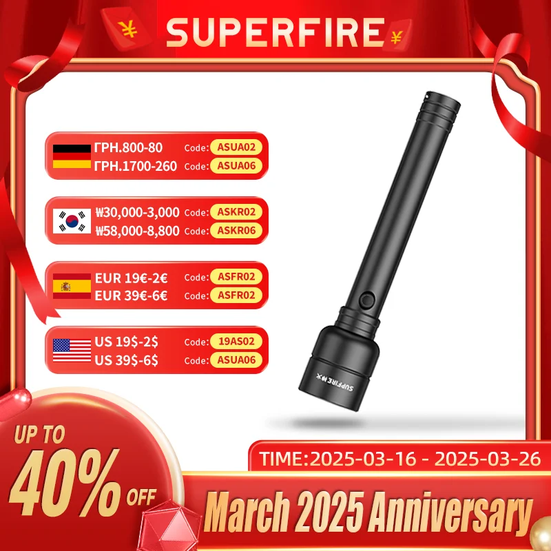 

SUPERFIRE Y16 Rechargeable Torches Tactical Flashlights LED SH-S14 5000LM High Powerful Light Torch 21700 EDC Camp Lighting