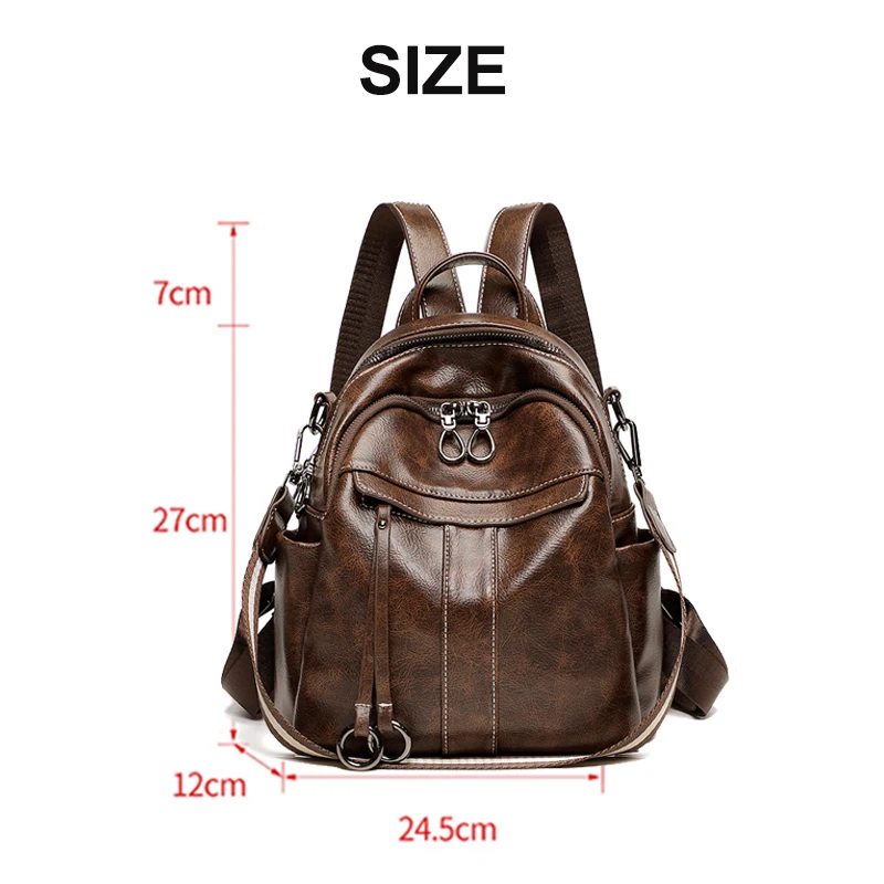 Women‘s Backpack 2024 New PU Oil Wax Leather Retro Style Women Shoulder Bag Fashion Girls Student Knapsack C9855