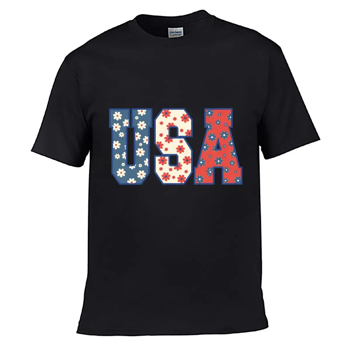 USA Patriotic Floral Red White Blue Graphic Men Summer T-shirt Top