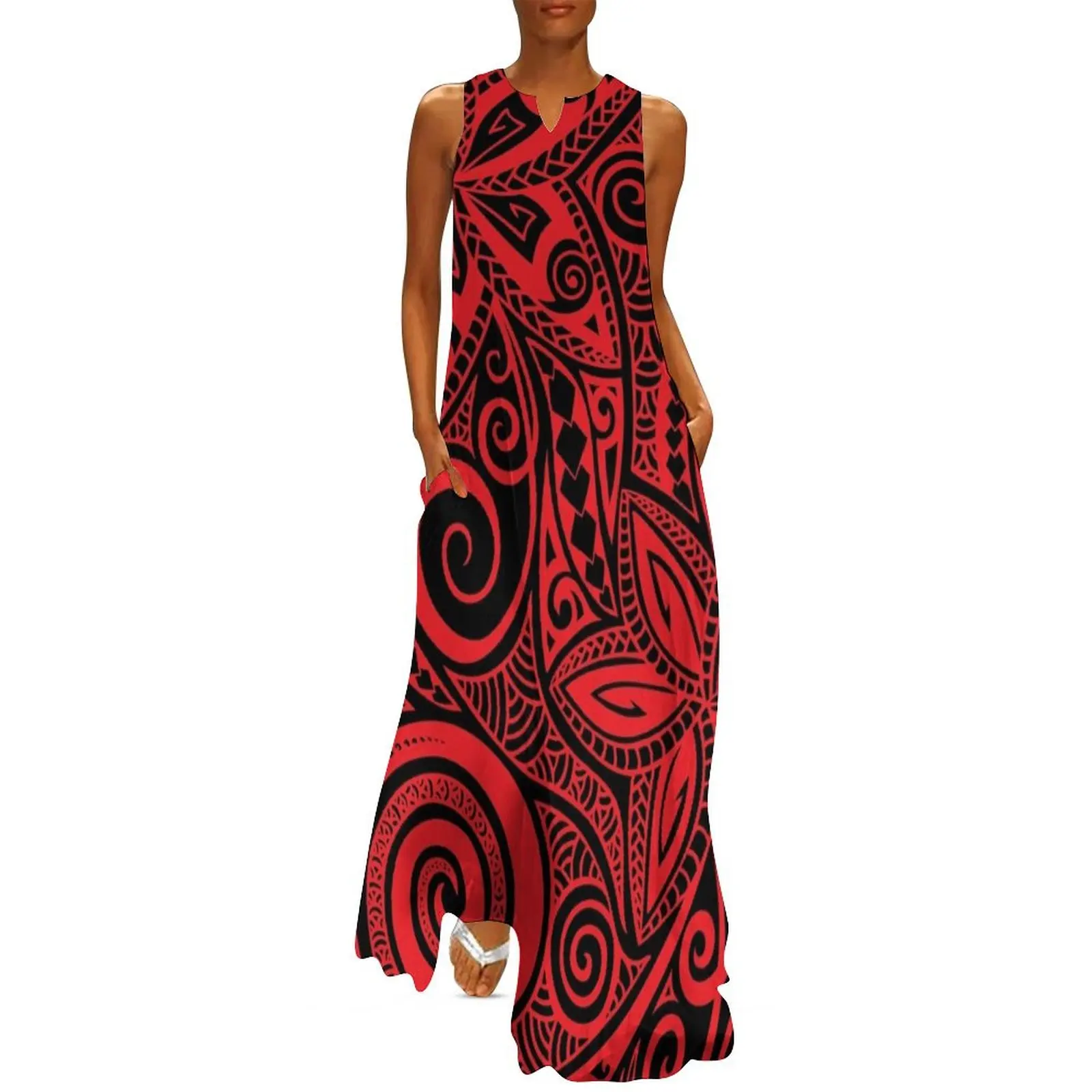 

Red black Polynesian floral design Long Dress dresses women summer 2024 women"s fashion dresses