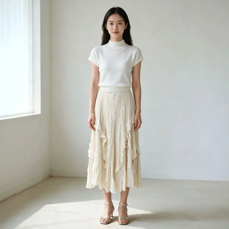 Miyake Pleated New Irregular Ruffle Half-Length Skirt Summer Elastic Waist Textured Pleated Layered Flowing Mid-Length Skirt