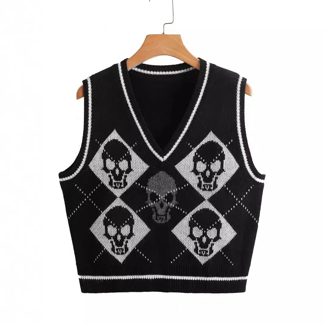 Y2K Gothic Knit Sweater Vest Skull Argyle Print Pattern Knitwear V-neck Pullover Fashion Jumper Top Women Halloween Streetwear