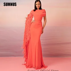 SUMNUS Orange Saudi Arabic Chiffon Evening Dresses Mermaid Feather One Shoulder Arabic Women Party Dress Celebrity Prom Gowns