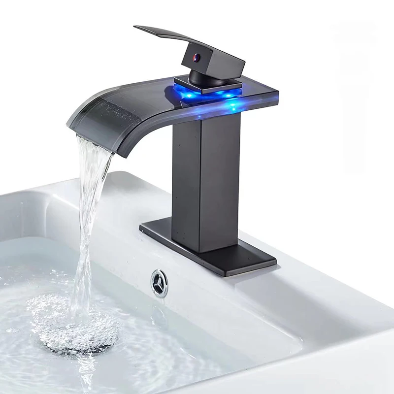 

Faucet Mixer Tap Non-Electric LED Basin Brass Waterfall Bathroom Deck Mounted Wash Sink Smart Hydropower Glass Taps