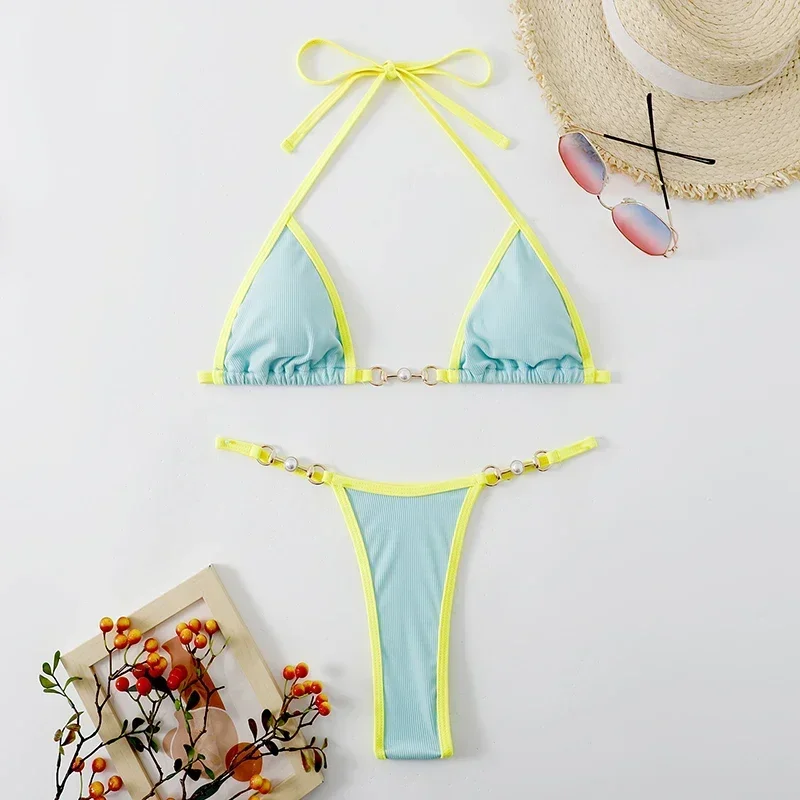 Sexy Halter Triangle Micro Thong Bikinis Sets Women Swimwear Pearl Chain Swimsuits Bathing Suit Mini Biquinis Patchwork Bikini