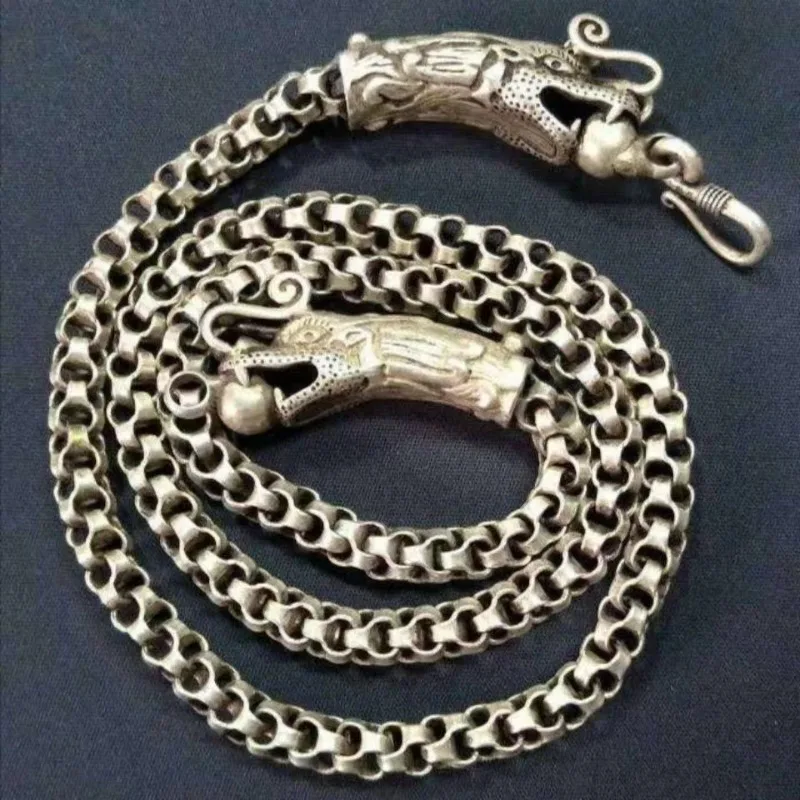 

Antique Vintage Old Tibetan Silver Dragon Head Necklace, Retro Ethnic Style White Copper Silver Plated Chain Jewelry