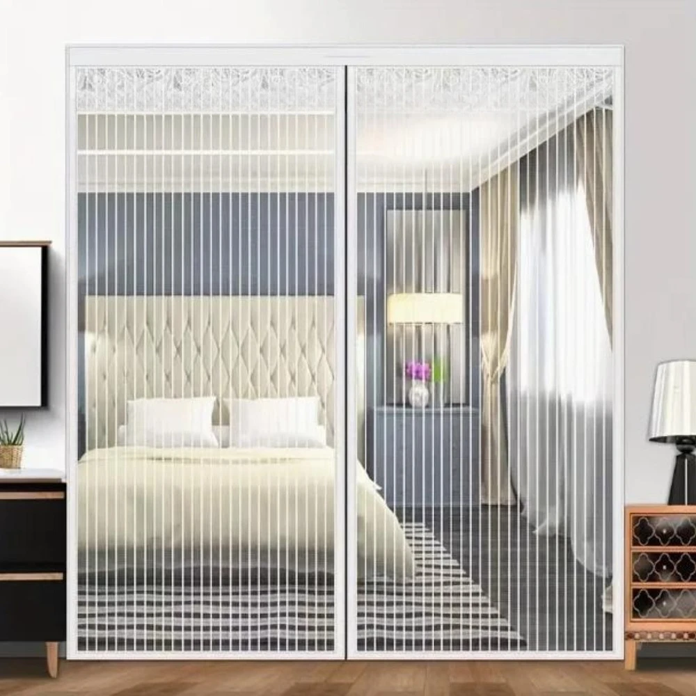 Oversized Magnetic Mosquito Net Door,white Striped Diamond Mesh Material Bedroom Screen with Automatic Closing Device, Full-size