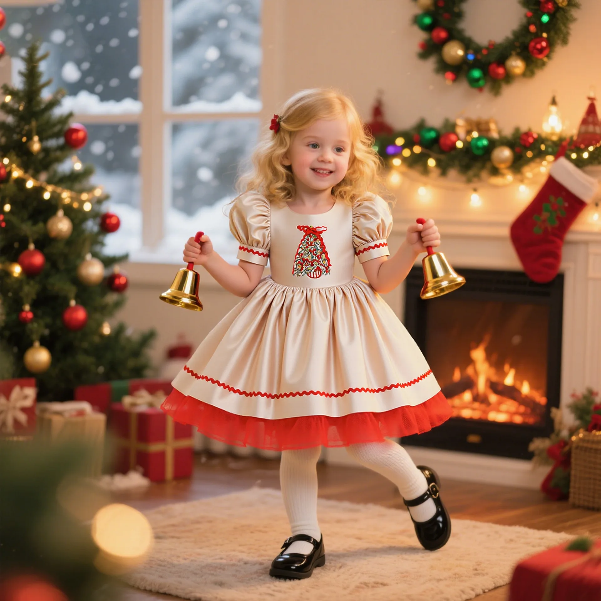 

Toddler Girls Christmas Party Puff Sleeve Embroidery Tulle Dress For Cute Kids Xmas Banquet Outfit Ceremony Prom Puffy Gown
