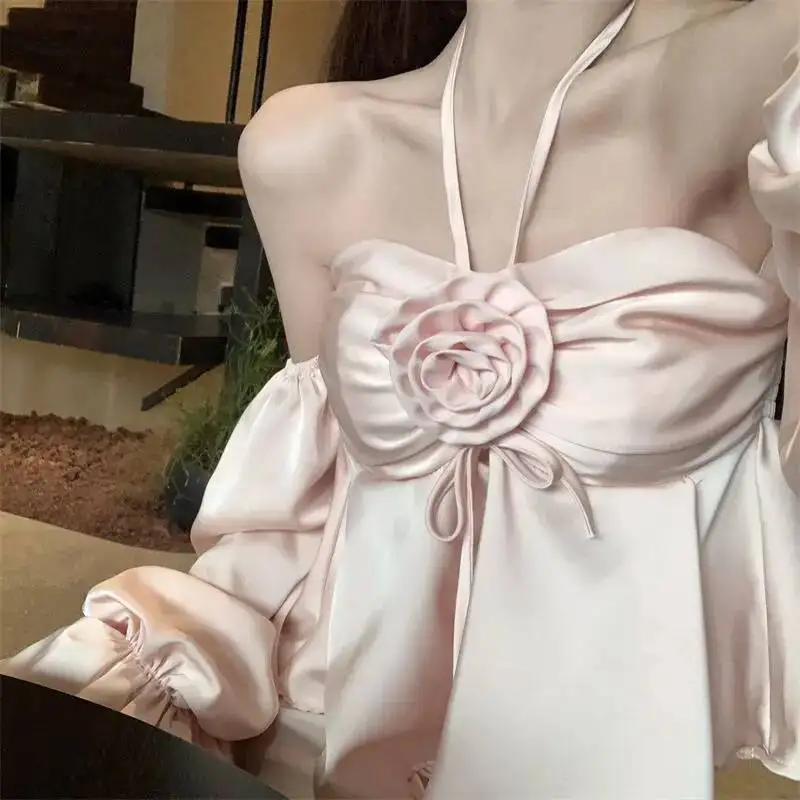 Kimotimo Flower Halter Crop Tops Women Sexy Sweet Off Shoulder Flared Sleeve Slim Fit Shirts Spring Summer All Match Y2k Blouse