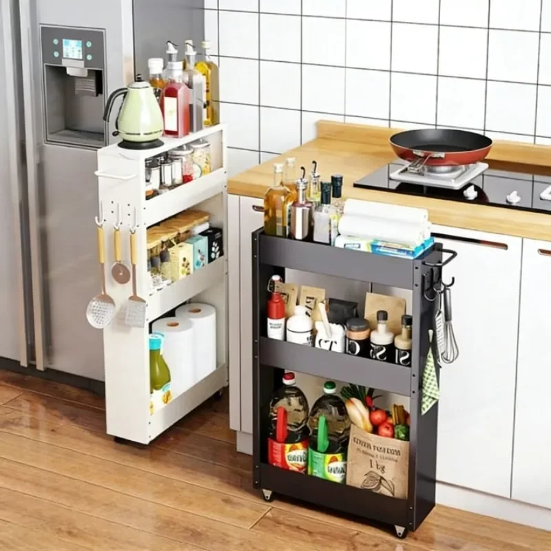 Folding Cart Slim Rolling Kitchen Island Cart Pullout Multi Layer Spice Storage Carbon Steel Wheels Mobile Pantry Rack Bar Cart
