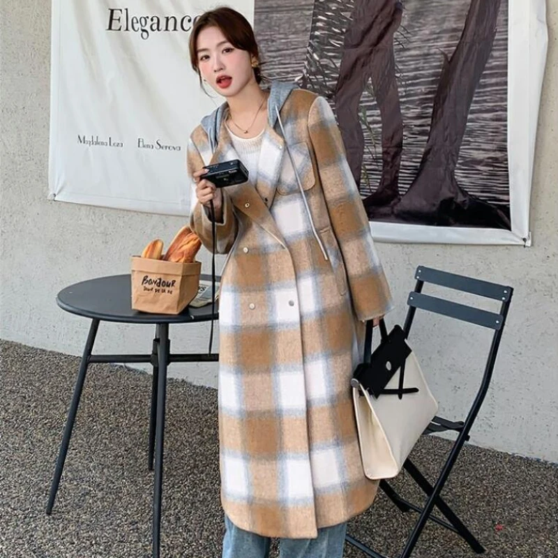 Women Long Below The Knee Double Breasted Woolen Coat Female Temperament Thicken Fashion Plaid Outwear Casual Hooded Outcoat