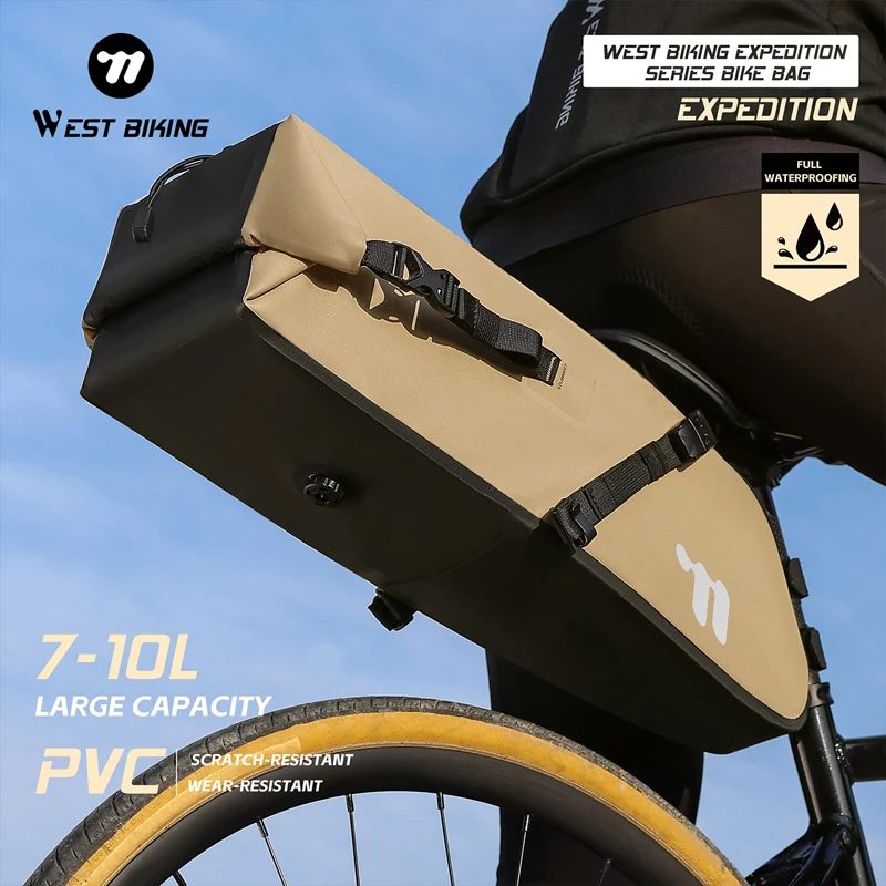 WEST BIKING Fahrrad-Satteltasche mit großem Fassungsvermögen, 7–10 l, PVC, vollständig wasserdicht, kratz-/verschleißfest, Langstrecken-Fahrrad-Hecktasche, rutschfest, langlebige