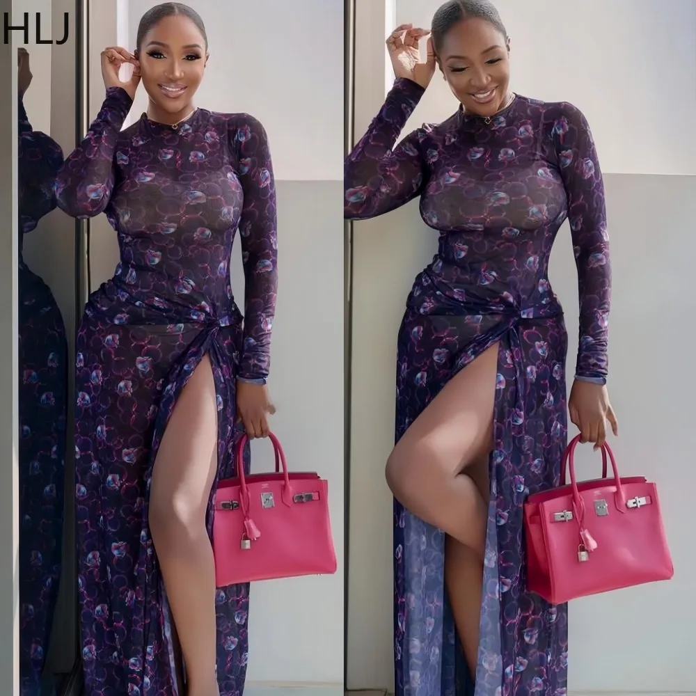 

HLJ Autumn New Sexy Mesh Bodycon Long Dresses Women Pattern Printing Long Sleeves High Slit Dress Female Streetwear Vestidos