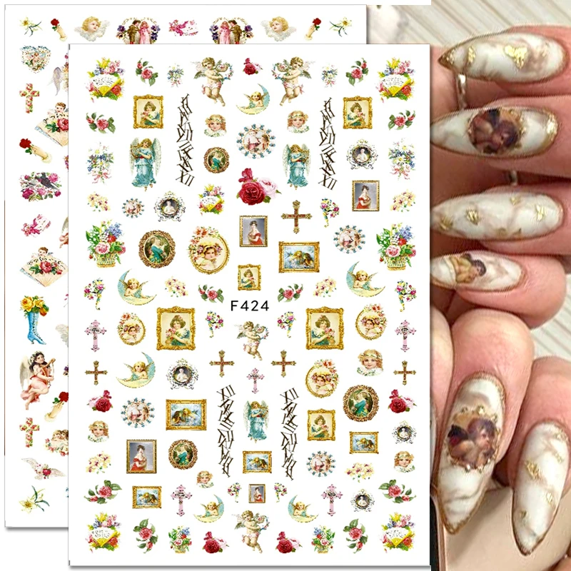 3D Angel Christian Nail Sticker Flower Virgin Mary Cupid Nail Decals Cross Self-Adhesive Slider Nail Design Nail Art Decoration