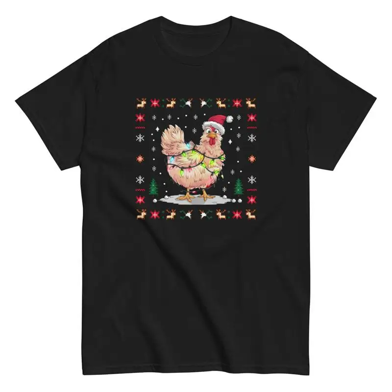 

Funny Chicken Christmas T Shirt Santa Hat Lights Holiday