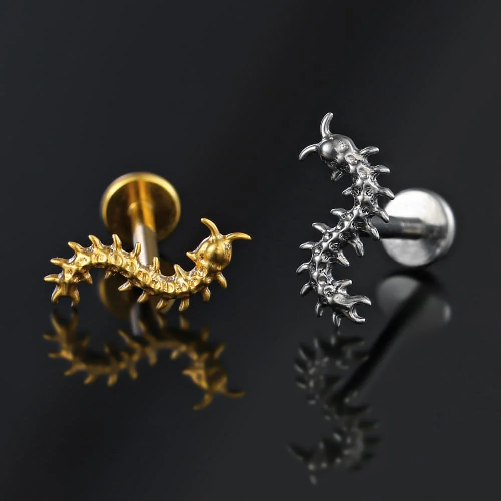 Casvort 1 Stück ASTM F136 Titan Gothic Punk Tausendfüßler Lippen-Labret-Ring Push-Pin Flat Back Stud Conch Helix Tragus Piercing Schmuck – Detail 3