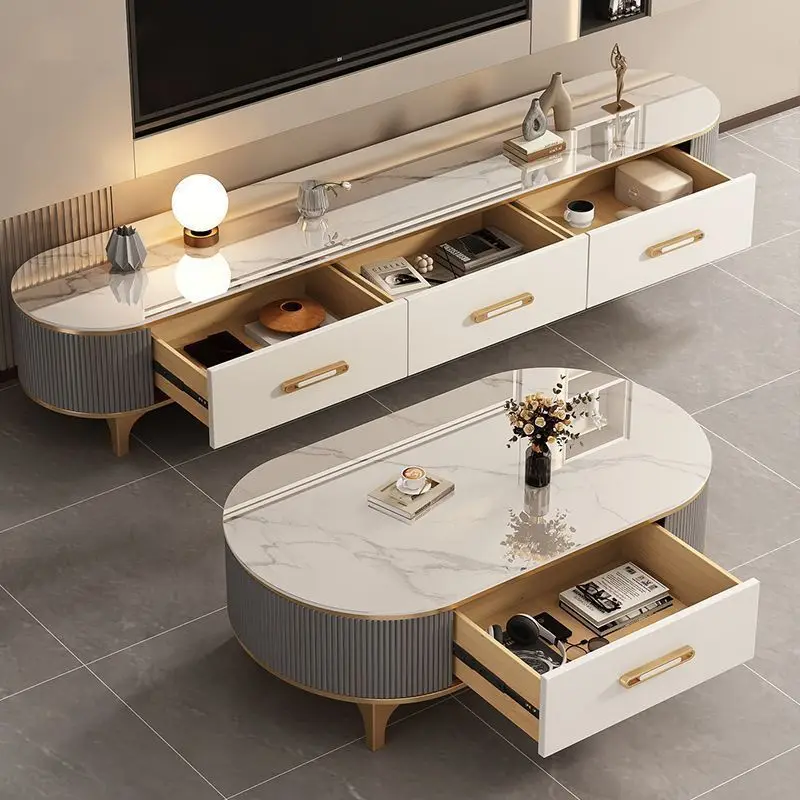 

Light luxury rock plate coffee table living room home 2025 new high-end small apartment oval coffee table TV cabinet combination