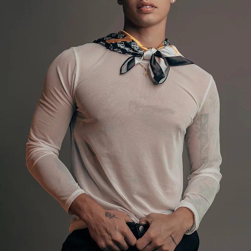 Autumn And Winter New Men's Round Neck Solid Color Bottom Long-sleeved Perspective T-shirt Close-fitting New Top