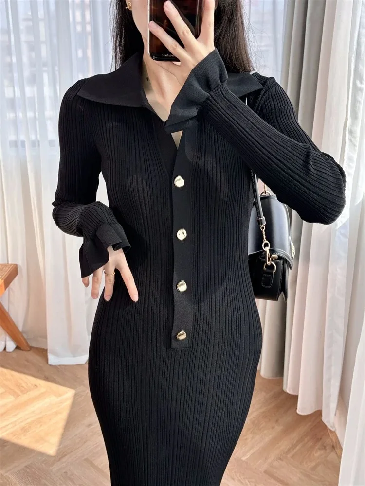 Black knitted long women\'s dress temperament elegant elastic Slim package hip fishtail dresses 2024 fall new