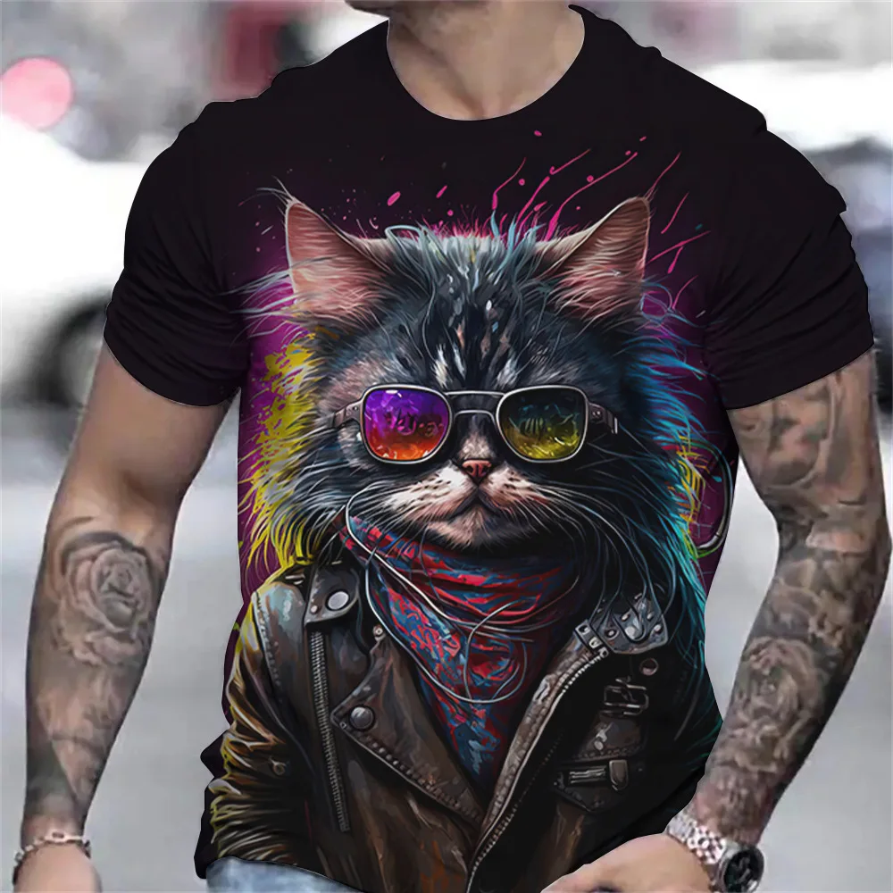 

Vintage T-Shirts For Men Cool Cat Print Short Sleeve Tops Summer Funny Animals T Shirt Loose Oversized Tee Shirt Men Clothing