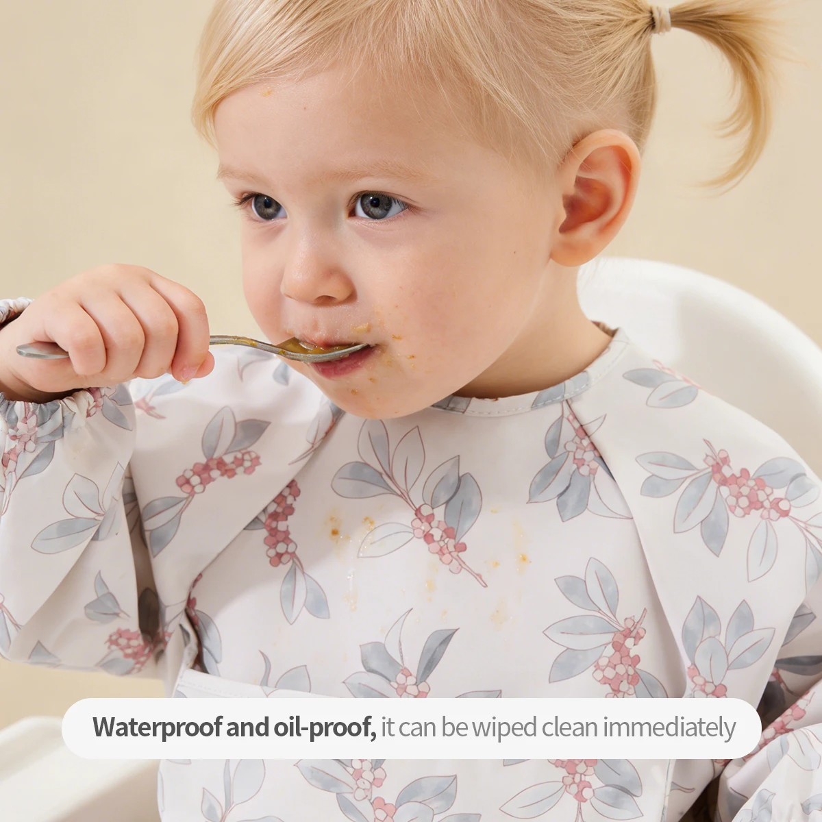 HappyFlute Baby Bib Long Sleeve Waterproof Polyester Feeding Bibs with Pocket Reusable Washable Infant Eating Apron 1Pc