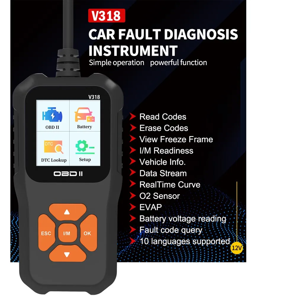 V318 OBD2 Scanner, Car Fault Diagnostic Tool to Read/Clear Engine Malfunction Light, 10 Languages Support
