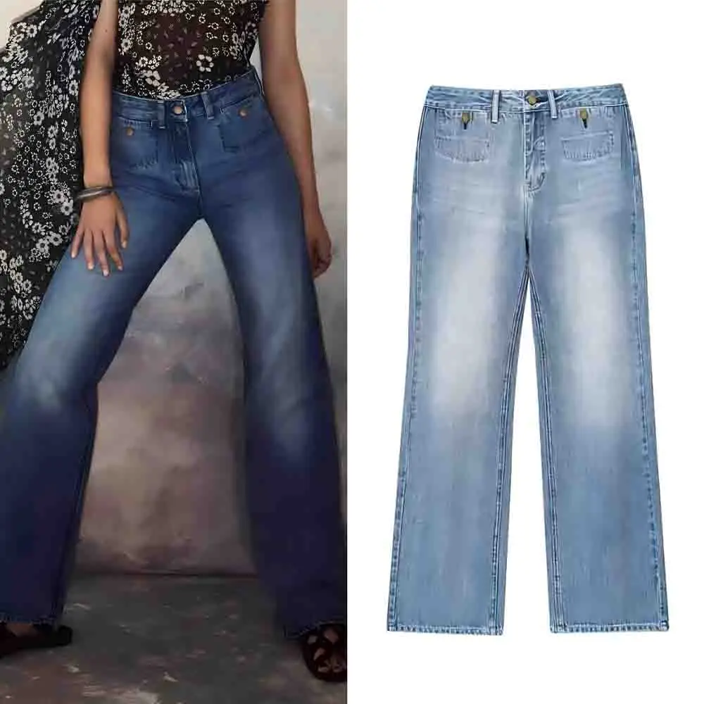 

Women's 2025 new fashion gold button decoration loose casual wide leg jeans retro high waisted zipper women's jeans