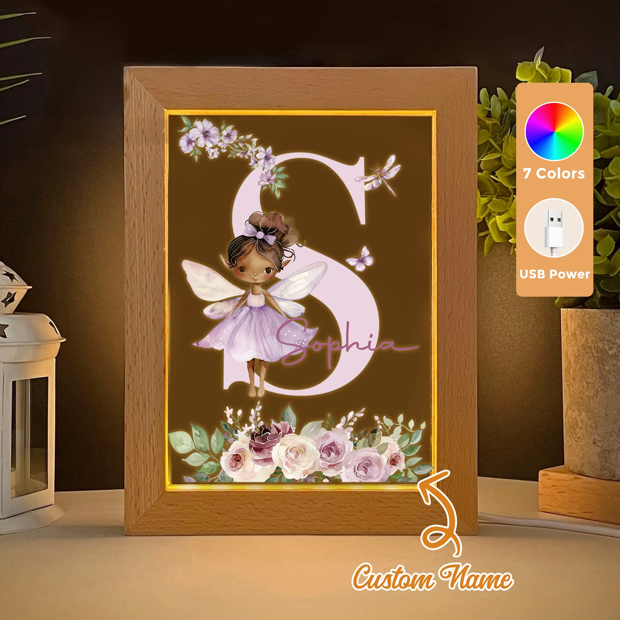 

2D Flat Custom Name Purple Girl LED Acrylic Night Light Wood Photo Frame 21x17cm Cartoon Children Bedroom Gifts Home Decor Gift