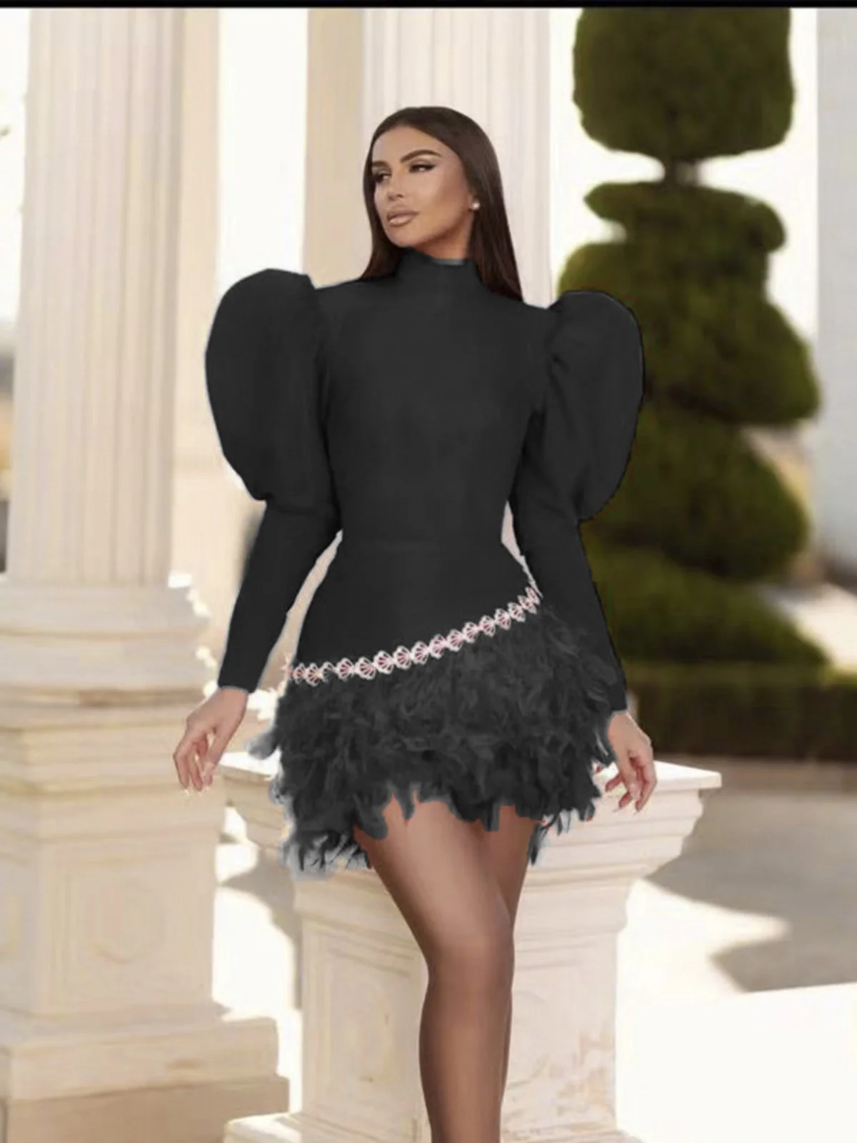 

Bla Long Sve Feathers Wrap Dr Diamond Embellied Slim Fit Bubble Sve Gown for Par And Wedding High Waist Polyes...