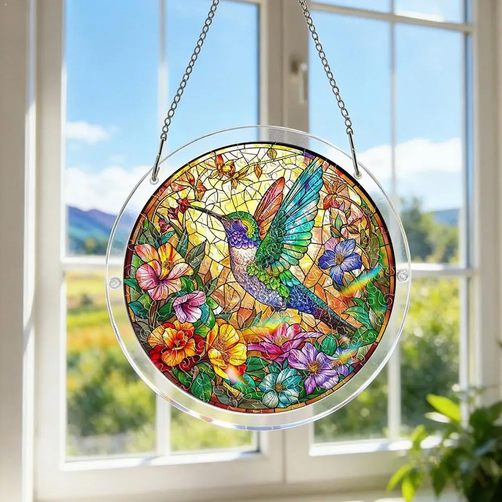 Jigsaw Puzzle Suncatcher Acrylic Stained Glass Window Hanging Ornament Natural Scenery 2D Wall Art Garden Balcony Home Decor