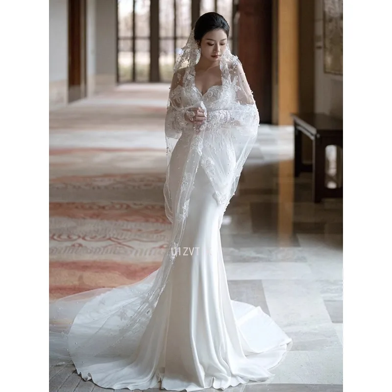 White Light Luxury Stain Appliques Wedding Dresses Elegant Strapless Off The Shoulder Bride Dress Sexy Mermaid Vestidos De Novia