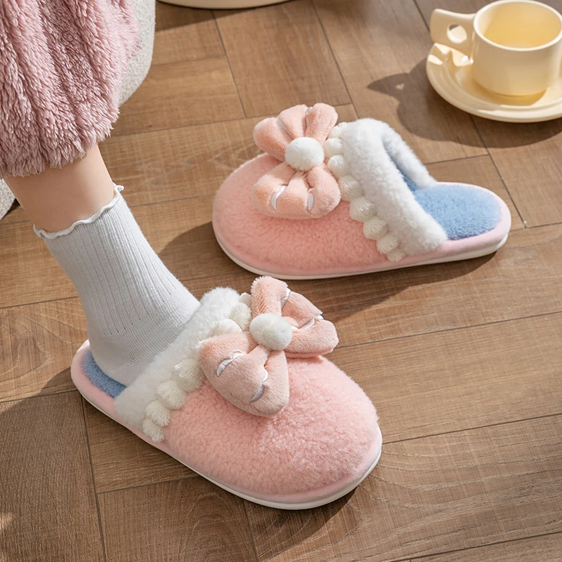 

Casual Fluffy Slippers Women House Flats Fashion Winter Bowknot Designer Shoes Girls Home Plush Platform Elegant Footwear Warm