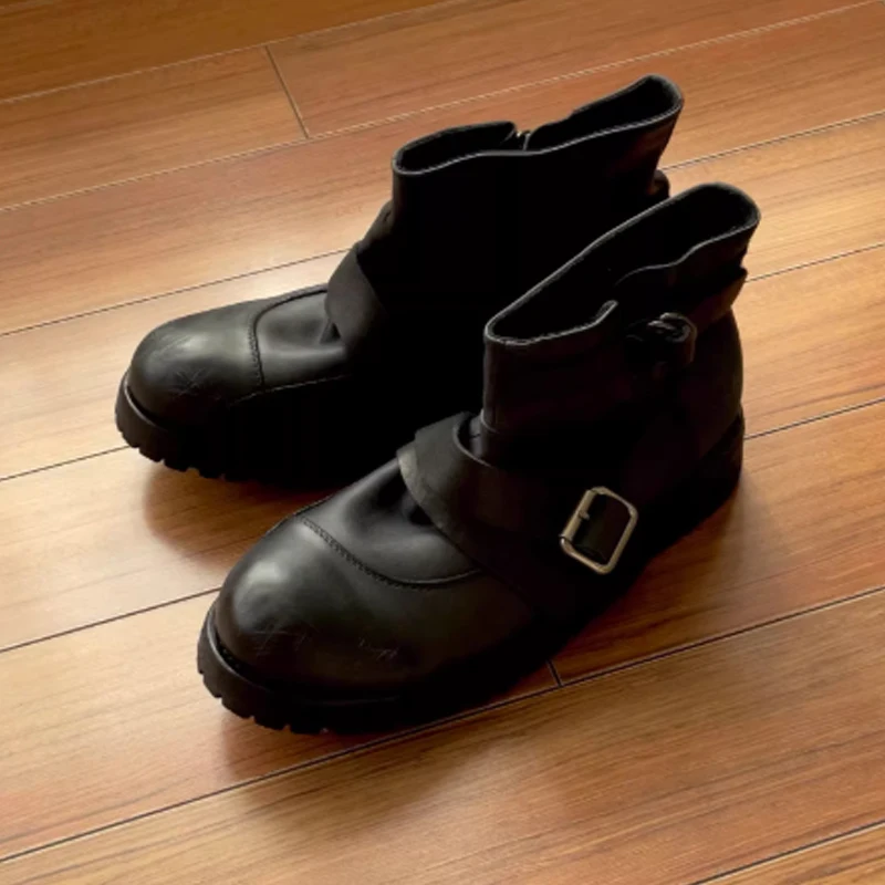 Men's Black Belt Buckle Strap Thick Sole Ankle Boots 2026 Retro Distressed Chunky Heels Engineer Boots Moto Boots for Men