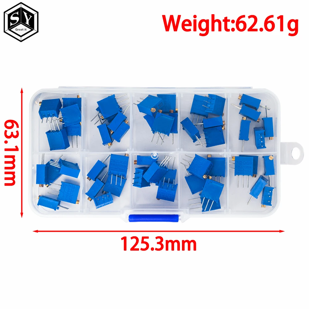 50 Uds 3296W Kit de potenciómetro recortador multivuelta alta precisión 3296 resistencia Variable 500R 1K 2K 5K 10K 20K 50K 100K 200K 1M
