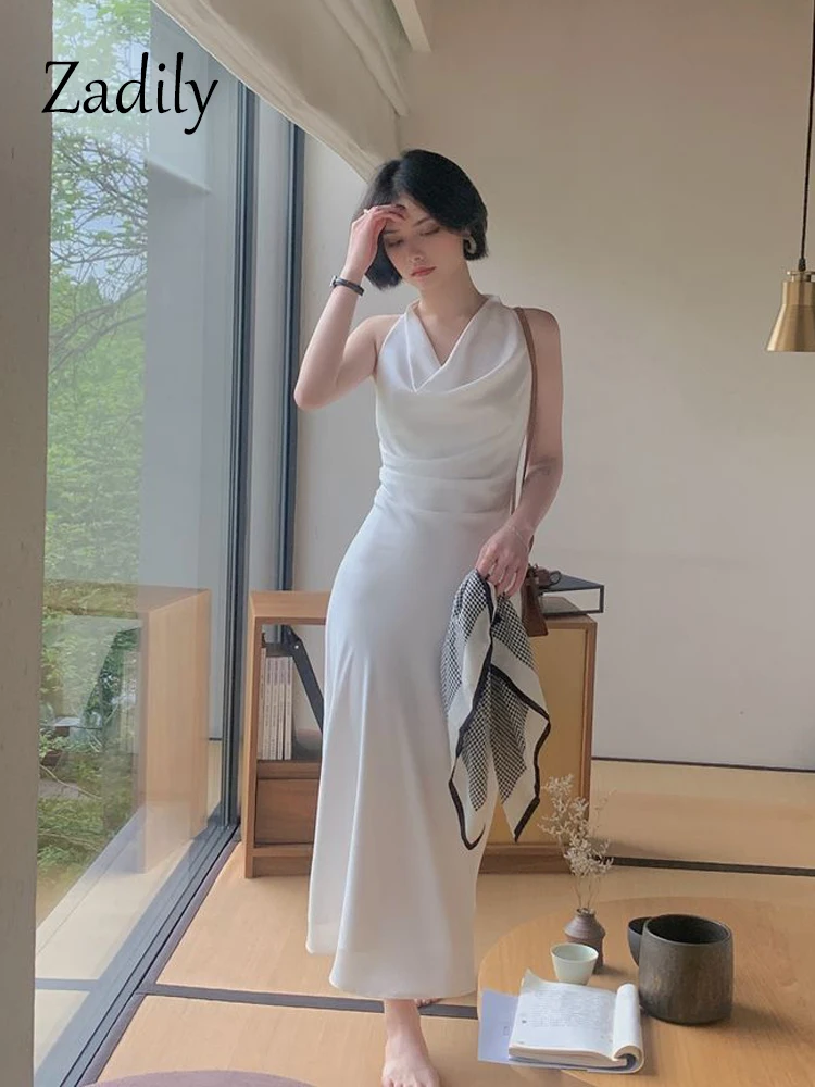 Zadily 2023 Summer French Style Sleeveless Women Long Dress Elegant White Slim Empire Satin Ladies Party Dresses