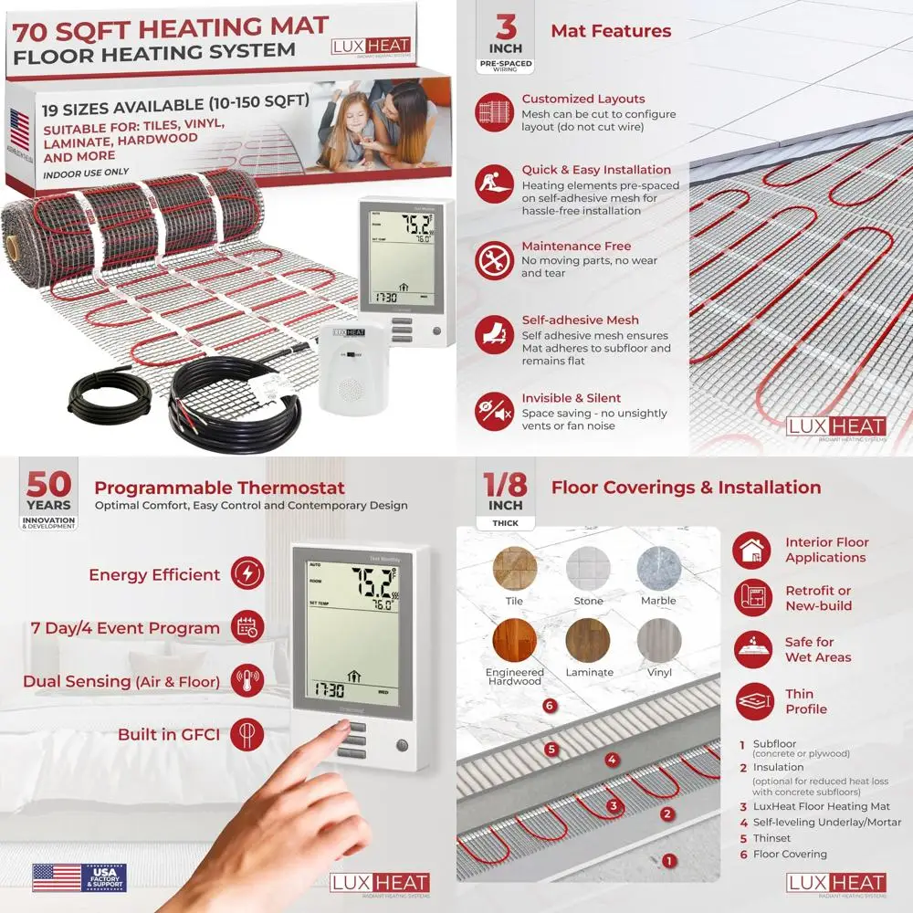 Elektrisches Strahlungsheizsystem für Fliesen- und Laminatböden – 70 Quadratfuß Matten-Set, 120 V, ideal für Heizlösungen zu Hause