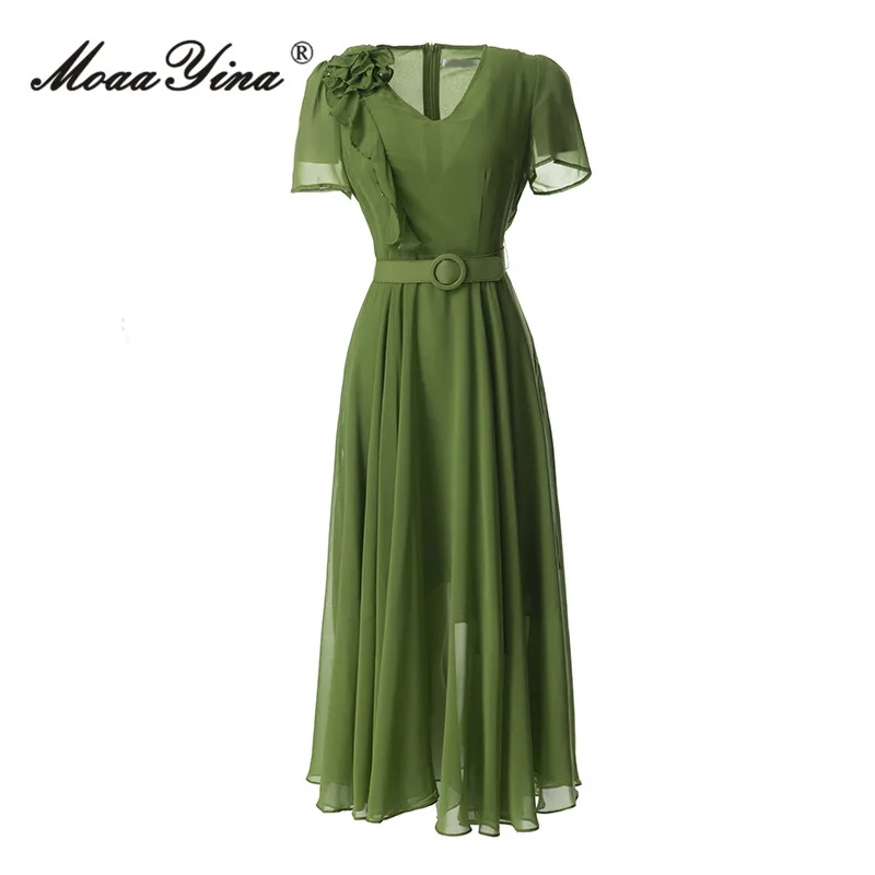 

MoaaYina Summer Fashion Designer Green Vintage Perspective Dress Women's V Neck Appliques Diamond Ruffles Sashes Slim Long Dress