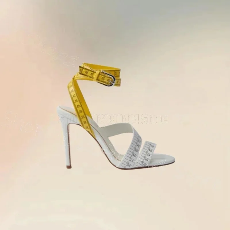

Yellow White Ruler Design Open Toe Sandals Buckle Strap Women Shoes Thin High Heels Party Feast Dating 2025 Zapatos Para Mujere