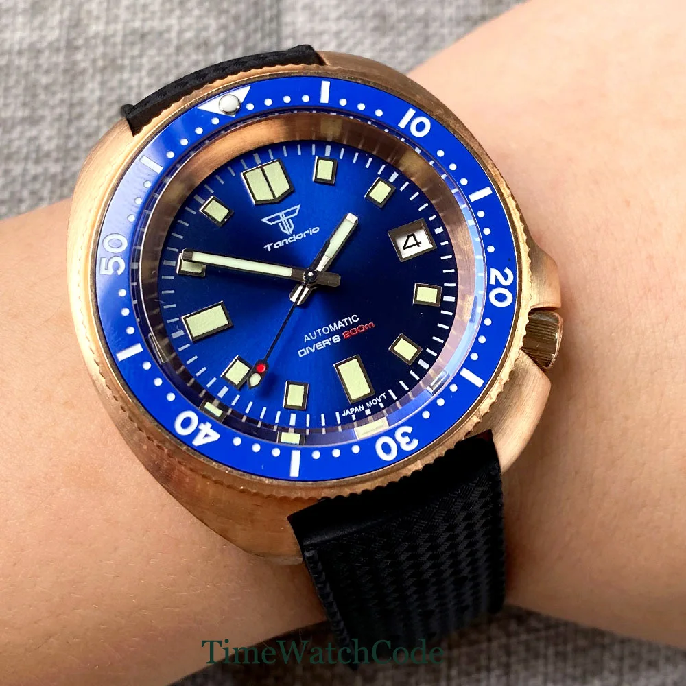 CUSN8 Solid Bronze NH35A PT5000 Automatic Mens Watch 200m Diving Date Blue Dial Rubber Strap Sapphire Glass Tandorio 44mm
