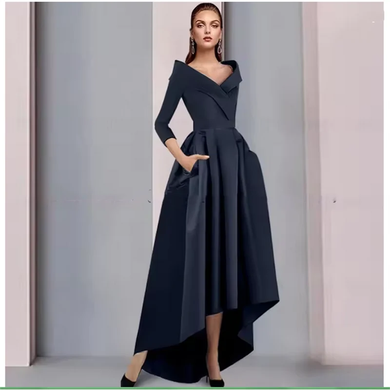 

Satin Mother of the Bride Dresses A-Line V-Neck Long Wedding Party Gowns Pockets 3/4 Sleeves Elegant Dress For Women customized